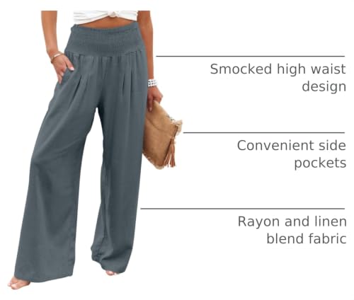 Image of ANRABESS Women Linen Palazzo Wide Leg Pants with Pockets | Smocked High Waist，Comfort Casual Flowy Pants，Lounge Everyday Wear，Summer Boho Cute，2026 Beach Travel Vacation Outfits
