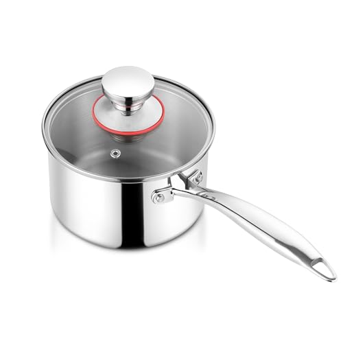 Herogo Stielkasserolle, 18/10 Edelstahl Milchtopf mit Deckel 1 L, 14 cm Saucenpfanne Kochtopf mit Langer Griff, Kleine Induktion Kasserolle für Küche/Restaurants, Ungestrichen