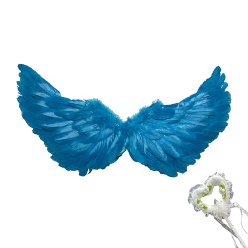 Creative Angel Feather Wings with Wand Feather Fairy Wings Princess Stage Show Halloween Costume (Blue+Fairy Wand)