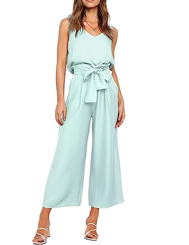 FANCYINN Womens 2 Piece Crop Set V Neck Tank Wide Strap Tops High Waisted Cropped Paper Bag Pants with Belt Bright Blue Top & Wide Leg Pants XS