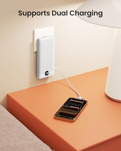 Image of Portable Charger with Wall Plug, Slim USB C Power Bank with Built-in Cables, 10000mah LED Display External Battery Pack Compatible with iPhone /Android & More(White)