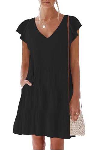 Image of nclook Womens Summer Casual Dresses Sweet Cute V Neck Mini Dress with Pockets Ruffle Short Sleeve