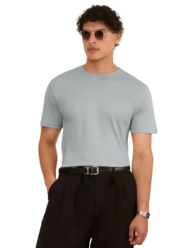 Image of The Souled Store Supima: Steel Men and Boys Short Sleeves Round Neck Solid Cotton Regular Fit Lightweight Breathable Long-Lasting Everyday Casual T-Shirt