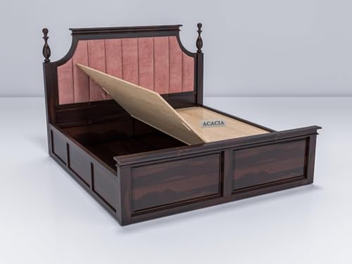 Image of Craft Wooden Queen Size Bed with Storage | Double Bed Cot Bed with Box Storage & Pink Colour Upholstered Cushioned Headboard for Bedroom | Solid Wood Sheesham, Walnut
