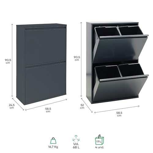 Arregui Basic CR604-B Recykling kosz na śmieci ze stali, system segregacji śmieci z 4 wyjmowanymi wewnętrznymi pojemnikami z tworzywa sztucznego z uchwytem, 4 x 17 l (68 l), antracyt/ciemnoszary