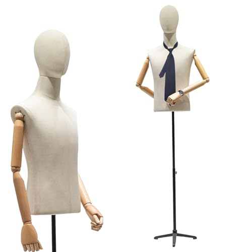 Male Mannequin Torso with Head, Dress Form Male 53"~76" Height Adjustable Body with Tripod Metal Stand, Sewing Mens Mannequin with Detachable Flexible Solid Wood for Store Display (Natural wood)