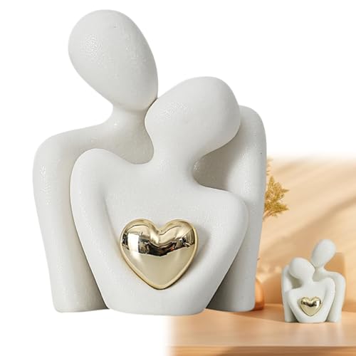 Xinlon Statua Romantica di Coppia, Carino coppia che abbraccia statua, Romantica Scultura Moderna Dorato Cuore Design, Accenti estetici per soggiorno, libreria e camera da letto(Bianco)