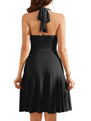 Image of WEACZZY Women's Summer Halter Dress Sexy Backless Sundress with Pockets | V Neck, Hidden Side Pockets, Sleeveless, Soft and Breathable, Midi Swing, Weddings, Parties, Casual Outings