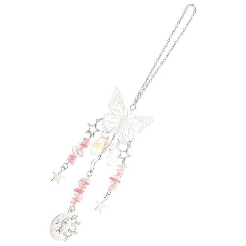 NOLITOY Metall Windspiel Schmetterling Solar mond Windglocke Gartendeko mit Watermelon Quarz Wetterfestes Hängendes Klangspiel für Garten Balkon Terrasse Outdoor und Indoor Dekoration