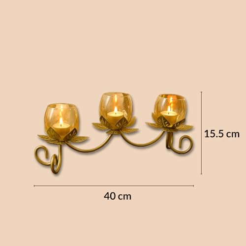 Image of MARKET 99 Metal + Glass 3 Votive T-Light Holder | Elegant Lotus-Shaped Candle Holder for Christmas, Diwali & Wedding Decor | Decorative Tealight Stand for Home, Festive & Gifting Use - Golden