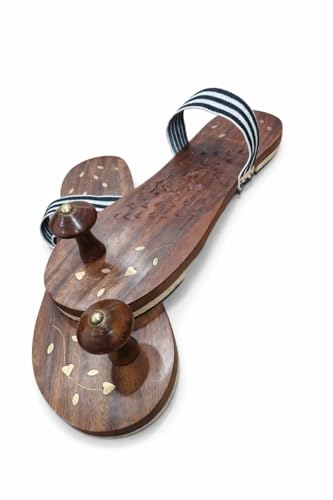 Image of Sheesham Wood Khadau Slippers with Rubber Straps | Wooden Khadau Chappal For Men and Women | Sheesham Wood | Pooja Room | Natural Brown (Standard)