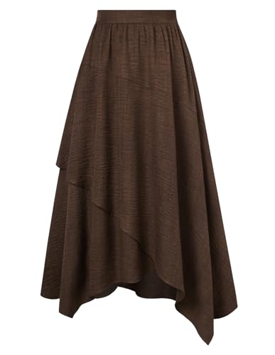 Belle Poque Rock Herbst Damen Vintage Vielseitig Hoher Taille Asymmetrischem Saum Rock mit Taschen für Partys und die Kirche Braun S
