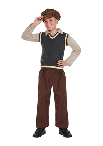 HENBRANDT Childrens World War Two Evacuee Boy Costume - Authentic Historical Fancy Dress Outfit for School Events Book Days Medium Size Ages 7-9 Years