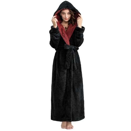 Image of Hellomamma Long Hooded Robe for Women Luxurious Flannel Fleece Full Length Bathrobe Winter Warm Pajamas Shower Nightgown