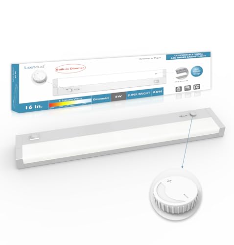 Leetdud LED Under Cabinet Lighting Built-in Dimmer Plug in or Hardwired,16 Inch 8W Dimmable 5 Color 2700K/3000K/3500K/4000K/5000K, ETL Listed Linkable Under Cabinet Lights for Counter,Kitchen,White