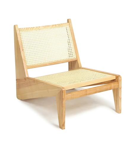Image of Handcrafted Natural Wood Lounge Chair with Cane Rattan Weave, Modern Minimalist Design, Indoor Living Room Accent