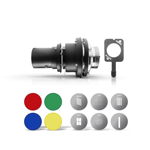 Image of Digitek (DS 230) Bowens Mount Optical Snoot Kit for Studio Light Flash, Accessories with 6X Gobos & 4X Color Gels (Red /Yellow /Green /Blue), Multifunction Focus Ring, Premium Metal Construction