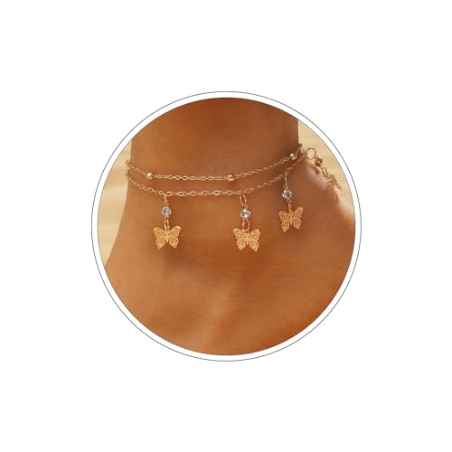 Zeshimb Gold Butterfly Ankle Braclet Layered Bead Chain Anklet Dainty Rhinestone Butterfly Ankle Chain Beach Wedding Anklet Foot Jewelry for Women -  Sjl-003-1