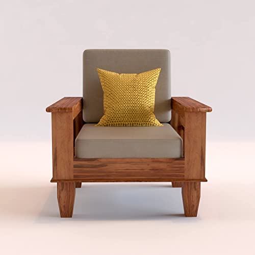 Image of Mamta Furniture Wooden Solid Sheesham Wood 1 Seater Sofa Set with Cushions (1 Seater Sofa, Teak, Beige)