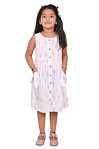 Image of minicult Kids Printed Cotton Frock Dress for Baby Girls|Comfortable Summer Wear Western Dress| Knee Length, Bachho ki Frock for Birthday, Evening White Red