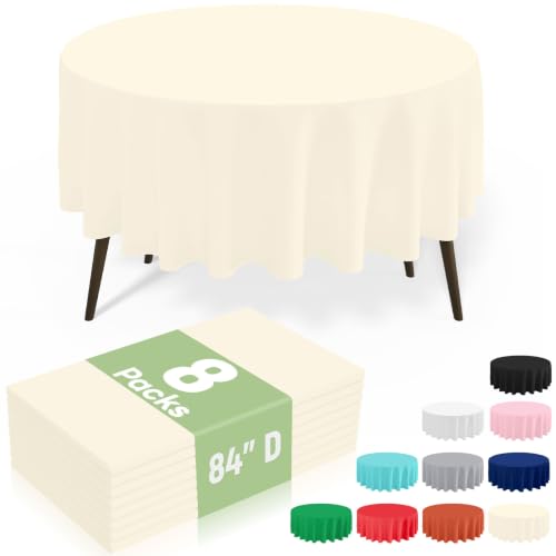 Image of misaya 8 Packs Disposable Plastic Table Cloth, 84 inch Round Waterproof Tablecloth, Leakproof & Sturdy Decorative Table Covers for Picnic, Party, Outdoor and Back to School, Beige