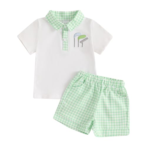 Image of Bonangber Toddler Baby Boy Summer Clothes Golf Embroidery Short Sleeve Collared Polo T Shirt Plaid Shorts Set Cute Outfits