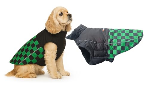 Image of The Pets Company Dog Winter Coat Jacket, Clothes, Windproof, Waterproof, Light Weight, Washable, Ultra Warm Thick Fleece Lined Dog Vest for Cold Weather Protection, (Green Check, Medium - 18 Inch)