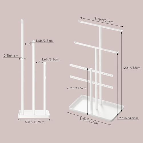 pickpiff Jewelry Stand Organizer, 32cm Tall Sturdy Metal, 3-Tier Jewelry Holder for Necklace, Earring, Bracelet, Ring, Hanger for Display and Storage, Aesthetic Room Decor, White