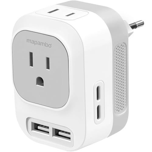 Mapambo 220V to 110V Voltage Converter US to Europe with 2 USB Port 2 USB C Fast Charging,Converter for European Travel Power Converter Adapter Combo for Germany France Italy Spain (Grey)