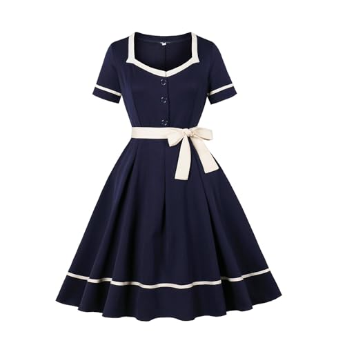 Foweknow Vestido de cóctel para mujer, rockabilly, a cuadros, vestido de fiesta para mujer, años 50, vintage, festivo, vestido de noche, cuello de pico, manga 3/4, acampanado, vestido cruzado