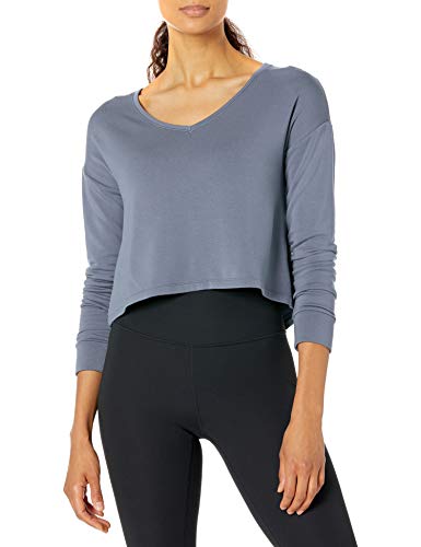 Amazon Brand - Core 10 Women's Cloud Soft Cropped Flow V-Neck Relaxed Fit Yoga Sweatshirt, Denim Blue, Large