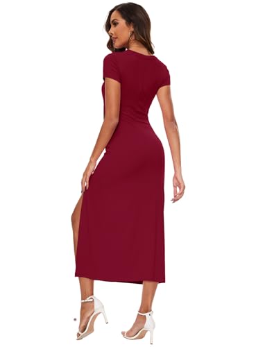 Image of NOVANDO Casual Short Sleeve Ruched Cotton Bodycon Midi Dress for Women 2024 Summer Crew Neck Party Club T Shirt Dress