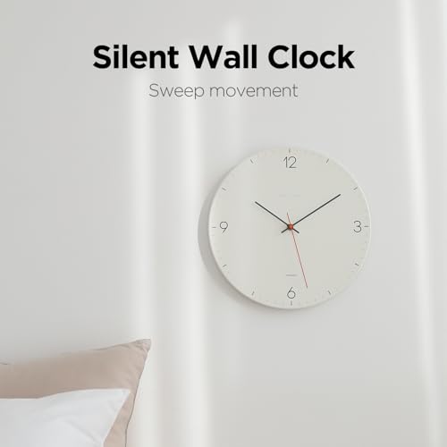 Image of mooas Flatwood Wall Clock,12 inch Non-Ticking Sweep Movement (Simple White) | Decorative Battery Operated Wall Clock for Home Living Room Kitchen Bedroom Office School