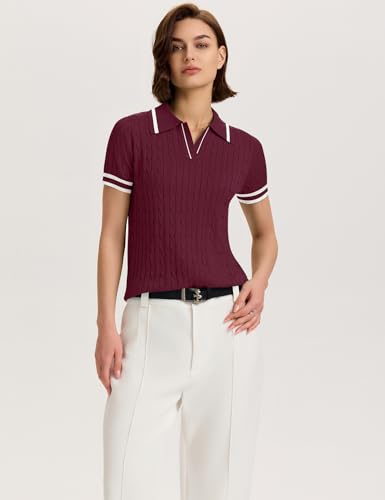Image of Micoson Womens Short Sleeve Sweater Tops Lapel V Neck Polo Shirts 2026 Summer Cable Knit Loose Blouse Business Casual Outfits