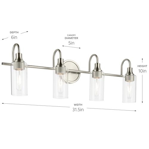 Image of Kichler Kavi 4-Light Bathroom Vanity Light, Brushed Nickel | Damp-rated vanity light with clear glass for bathroom mirrors (31.5 inch x 10 inch), 55212NI