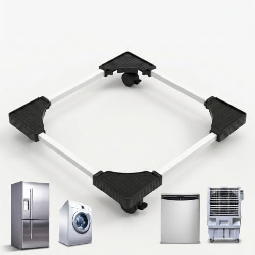 Image of GLOXY Adjustable Fridge Stand with Wheels - Washing Machine Stand with Rotating Wheels & Lock - Heavy Duty Steel Frame Trolley with 7-12 Kg Top /Front Load & Anti-Vibration for Cooler, Dishwasher