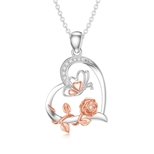 Diamond Butterfly Necklace for Women Sterling Silver Rose Butterfly Pendant Necklace Butterfly Jewelry for Women Wife