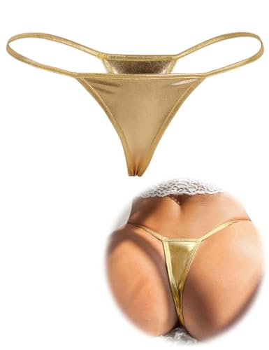 ohyeahlady Plus Size Stringtrosa Sexig Dam Syntetiskt Läder Synligt Mini Stringtrosa Sexiga G-String T-Back Thong Bikini Stretch Trosor Låg Midja Underkläder Underkläder, 1 st. guld, S
