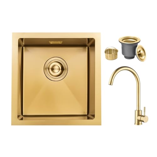 iAnomla 40x40cm Kitchen Sink, Stainless Steel Sink with Faucet, Gold