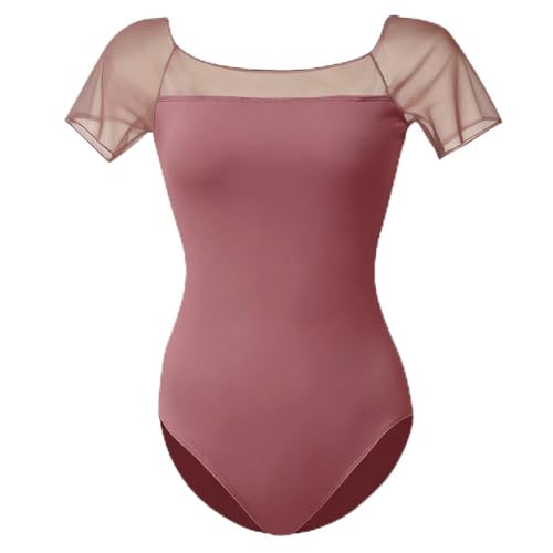 ROYAL SMEELA Women’s Dance Leotards Square Neck Breathable Mesh Short Sleeve Leotard for Comfort and Performance Stretchy Bodysuit Red-brown