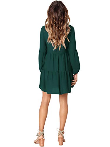 Amoretu Women Long Sleeve Tunic Dress V Neck Swing Shift Dresses(Green,Medium)