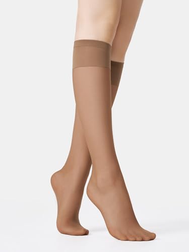 Image of leg elegant Sheer Knee High Stockings for Women, 6 Pairs Knee High Transparent Toes Nylons Pantyhose for Women