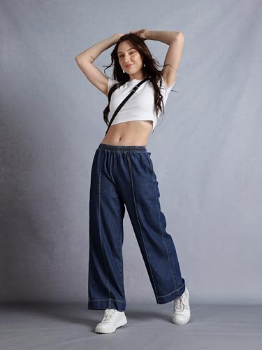 Image of INKD Women's Wide Leg Jeans- 100% Cotton | Mid-Rise | Elasticated Waistband | Pintuck Details | Comfort Fit | Palazzo Pants for Women | Lightweight Denim for Summers (Available in Plus Sizes)
