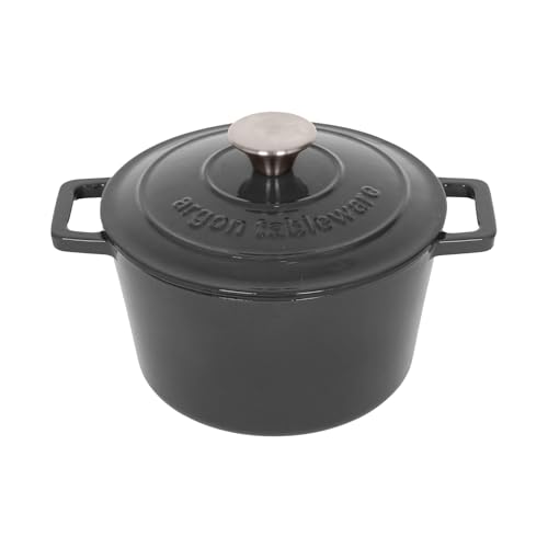 Argon Tableware Round Cast Iron Casserole Dish with Self-Basting Lid - 2.8L - Slate Grey - 1x Induction Hob Cooking Dutch Oven Bread Baking Serving Roasting Stew Stock Pot Cookware Pan