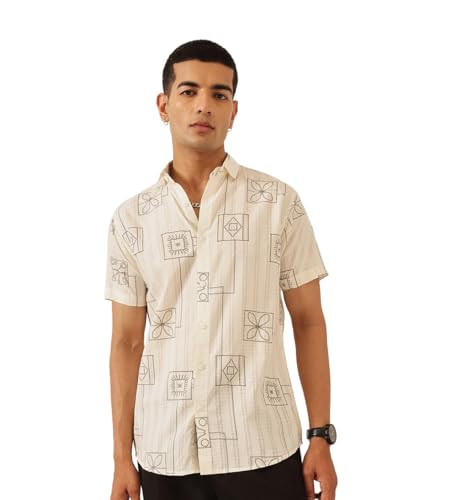 Image of Majestic Man Men's Slim Fit Pure Cotton Printed Casual Shirt - Short Sleeve | Premium Breathable Fabric | Modern Geometric Design