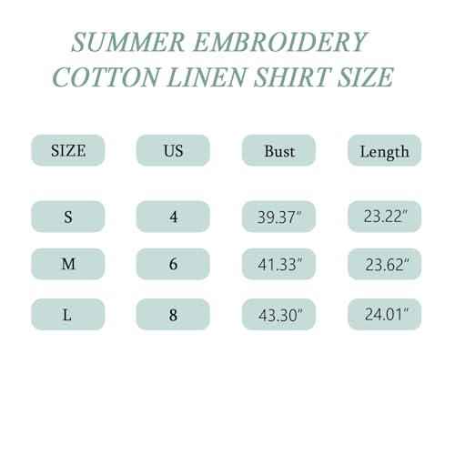 Vonwin Camisas femininas de linho para o verão, retrô, bordadas, gola V, blusa solta, Damasco, P