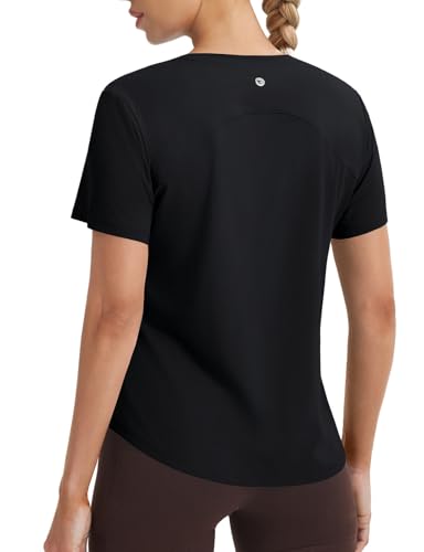 baleaf Ice Cooling Short Sleeve Workout Tops for Women Running Shirts UPF 50+ Athletic Tennis Breathable Quick Dry Moisture Wicking Stretch Loose Fit Gym Black M