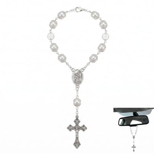 Saint Christophe Médaille pour Voiture, Chapelet de Voiture avec Perles 10mm, Pendentif Rétroviseur Porte-Bonheur, Décoration Intérieur de Voiture en Alliage, Cadeau pour Nouveau Conducteur - Argent