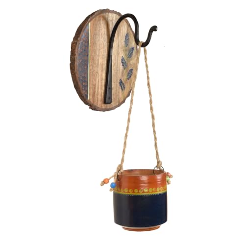 Image of AAKRITI ART CREATIONS Wall Hanging Planter with Hook | Blue & Brown Earthen Planter on Round Wooden, Modern Art, Matte Finish | Metal, Terracotta & Wood | Decorative Hanging Pot for Indoor & Outdoor
