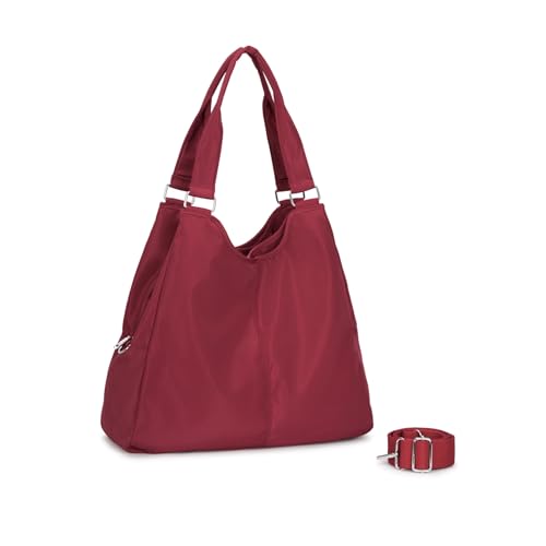 Bolsa Nylon Feminina para Faculdade, Trabalho, Academia e Uso Diário - Bolsa Universitária Lateral de Ombro Impermeável Dia a Dia Casual (Vinho, Grande)